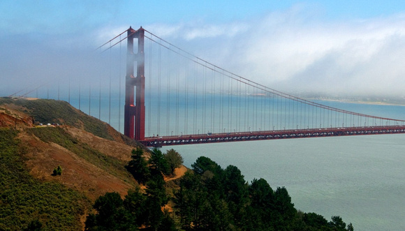 Fog Lifts from North Tower of Golden Gate Bridge, Marin Headlands, California